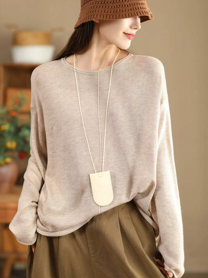 Women Solid Casual O-Neck Knit Loose Silk Blouse WG033