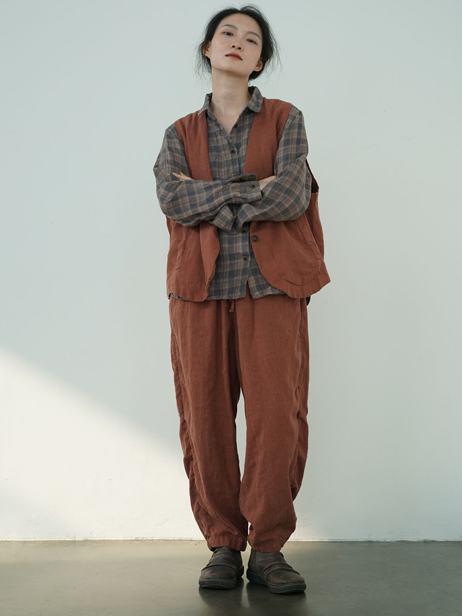 Women Autumn Vintage Solid Linen Loose Pants AV1030