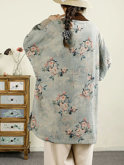 Women Ethnic Autumn Flower O-Neck Cotton Blouse AV1060