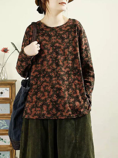 Women Autumn Flower O-Neck Cotton Blouse AV1051