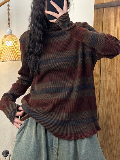 Women Casual Autumn Stripe Knit Turtleneck Sweater AV1058