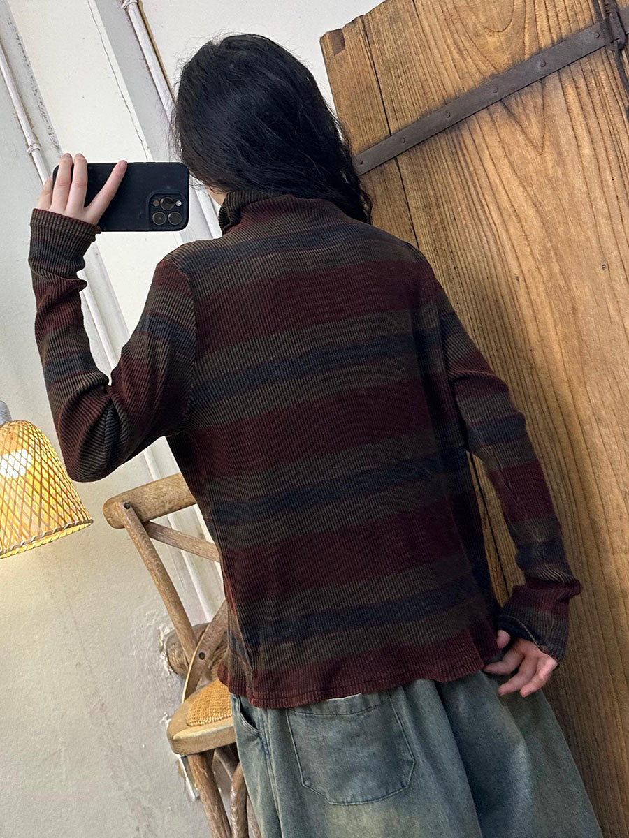 Women Casual Autumn Stripe Knit Turtleneck Sweater AV1058