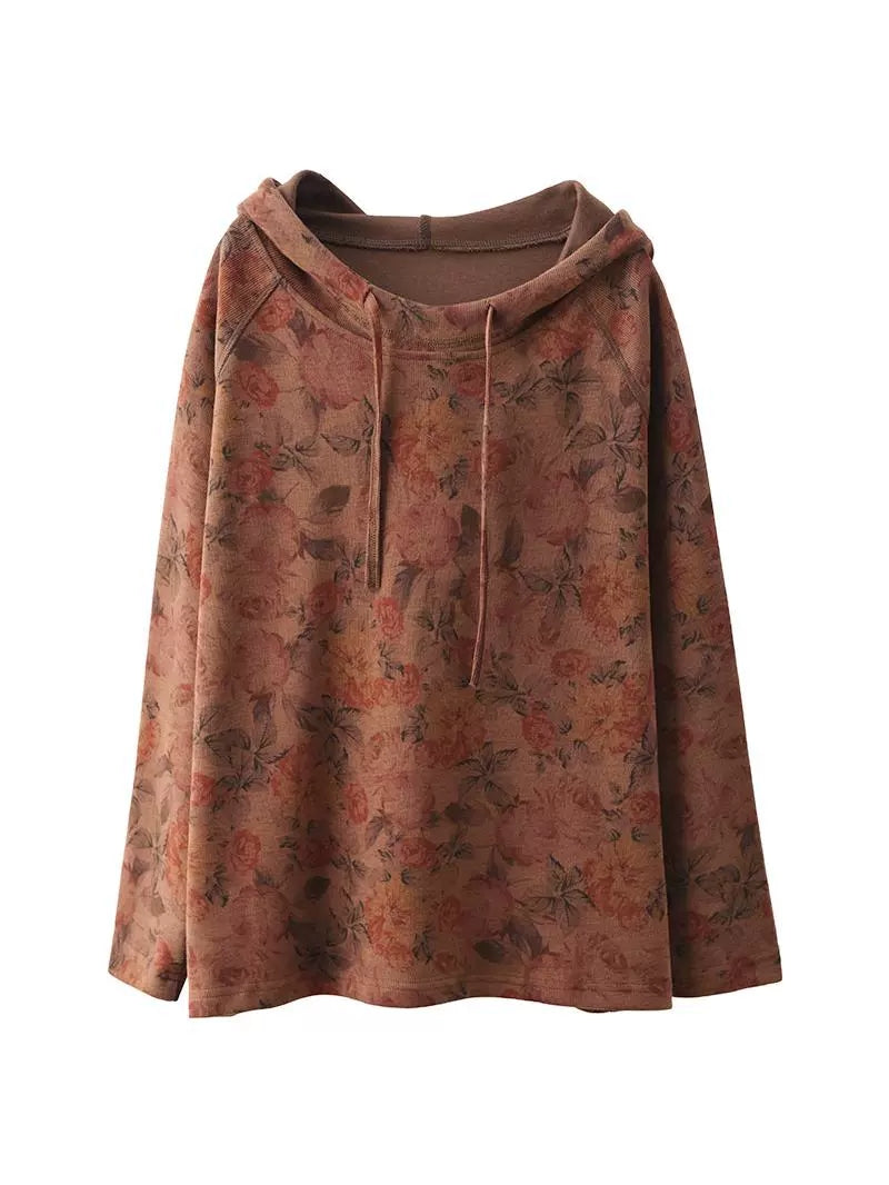 Damen Herbst Vintage Blumen Kapuzenpullover aus Baumwolle BA1012 