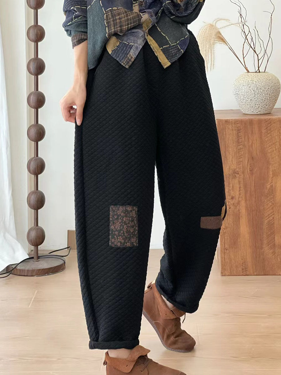 Women Autumn Retro Lattice Patch Thick Cotton Pants BA1007