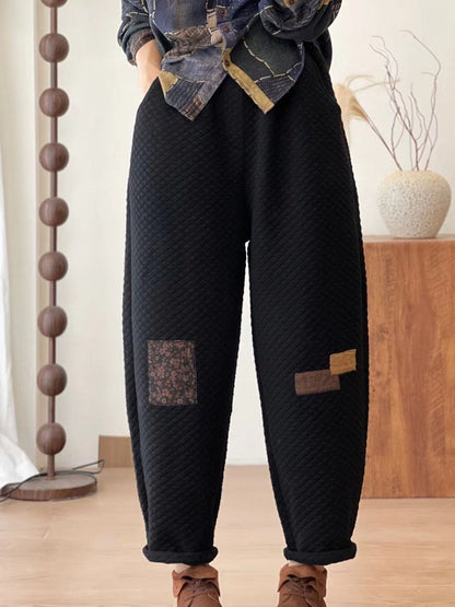 Women Autumn Retro Lattice Patch Thick Cotton Pants BA1007