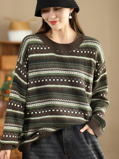 Lässiger Herbst-Pullover mit Jacquardmuster und Rundhalsausschnitt für Damen BA1014 