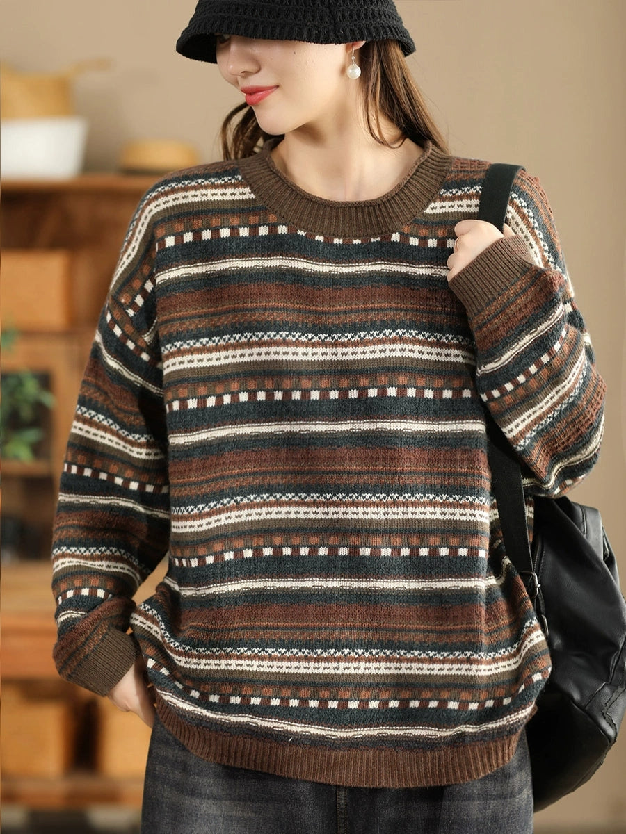 Lässiger Herbst-Pullover mit Jacquardmuster und Rundhalsausschnitt für Damen BA1014 