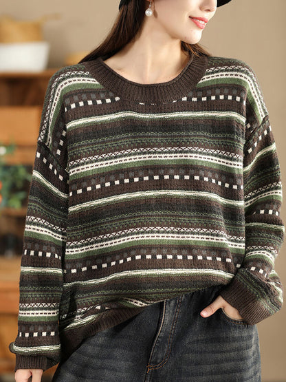 Lässiger Herbst-Pullover mit Jacquardmuster und Rundhalsausschnitt für Damen BA1014 