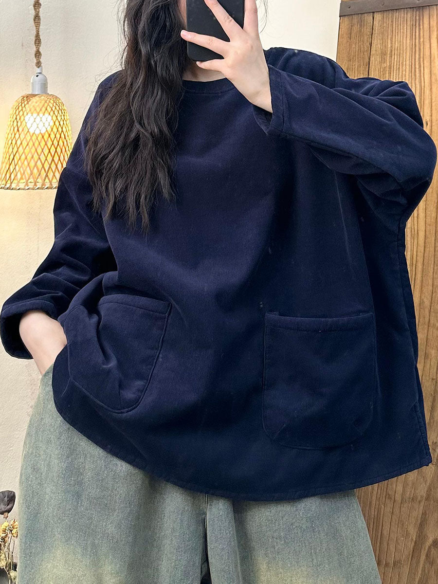 Women Winter Retro Solid O-Neck Fleece-lined Cotton Sweatshirt BA1024