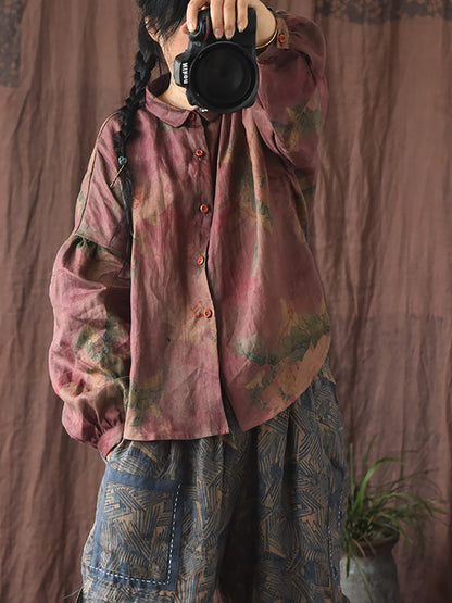 Women Vintage Flower Turn-down Collar Button Linen Shirt BA1075