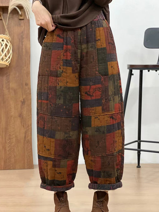 Women Autumn Retro Cotton Plaid Patch Straight Pants BA1061