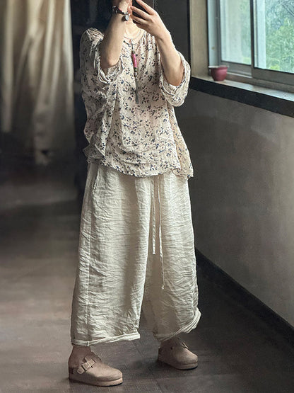 Ramie Solid Wide-leg Women Pants Loose Vintage Autumn