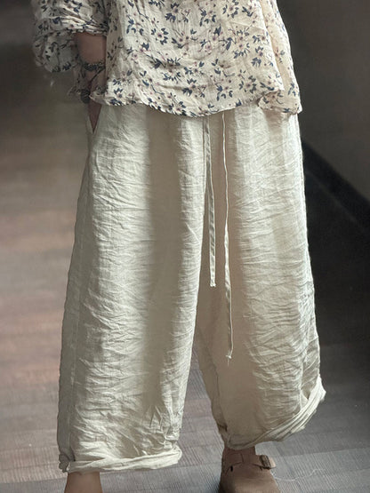 Ramie Solid Wide-leg Women Pants Loose Vintage Autumn