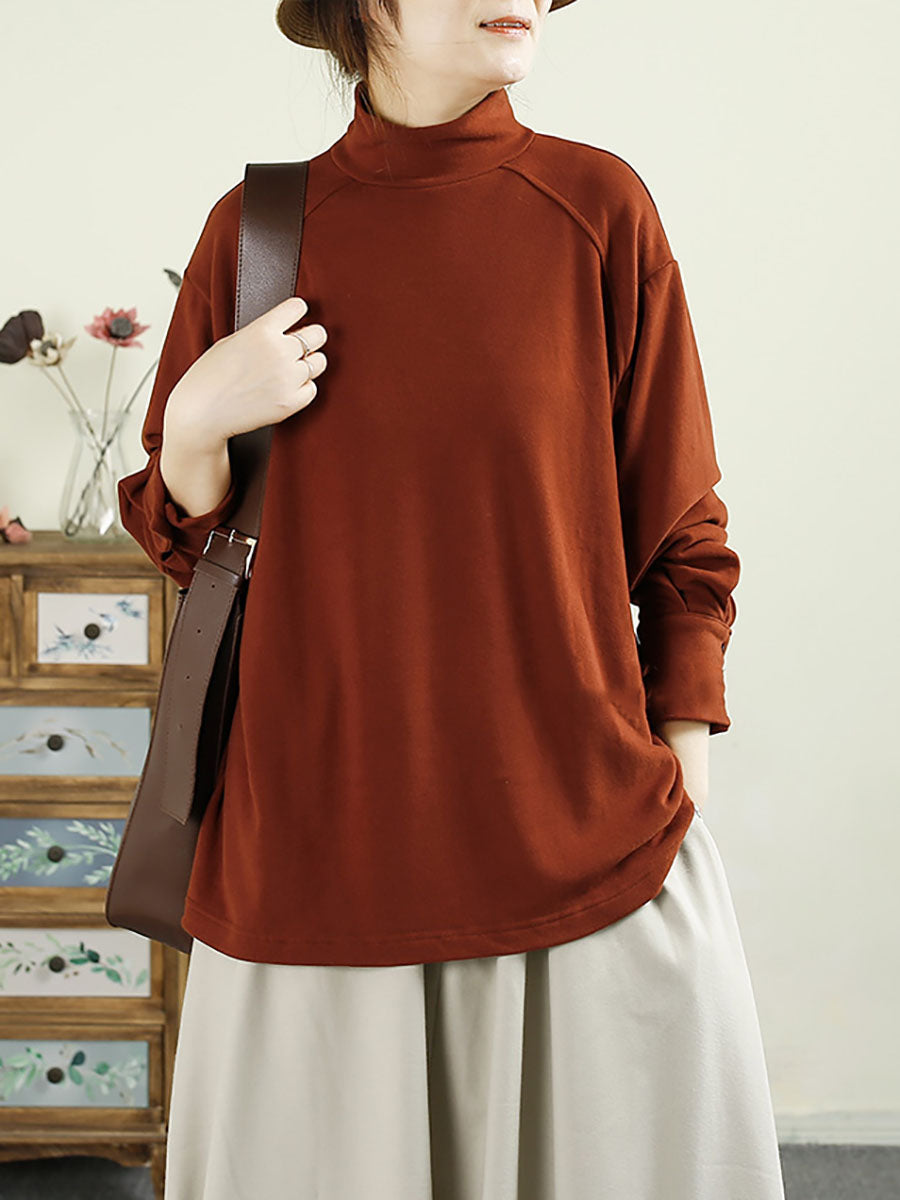 Women Casual Autumn Solid Tuetleneck Button Cotton Blouse BA1067