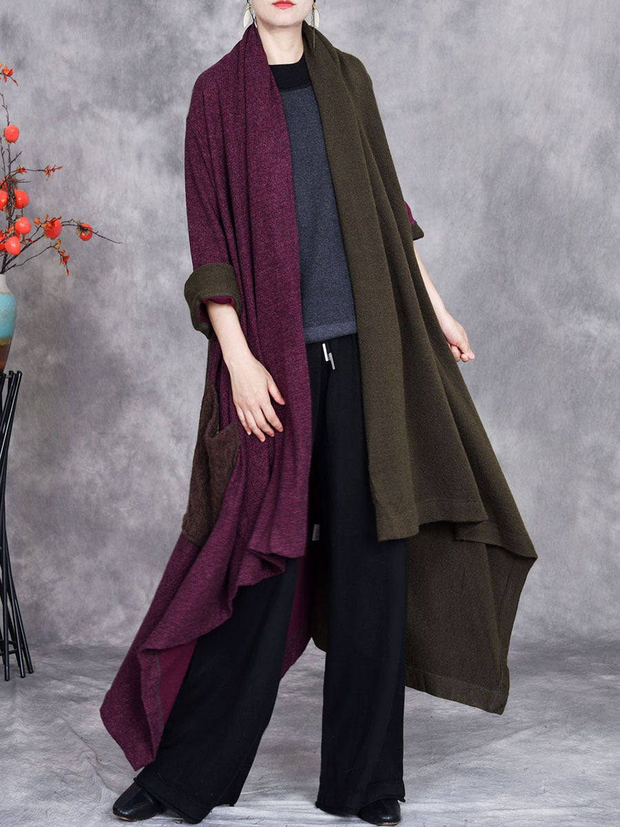 Women Autumn Artsy Irregular Colorblock V-Neck Cardigan Coat BA1057