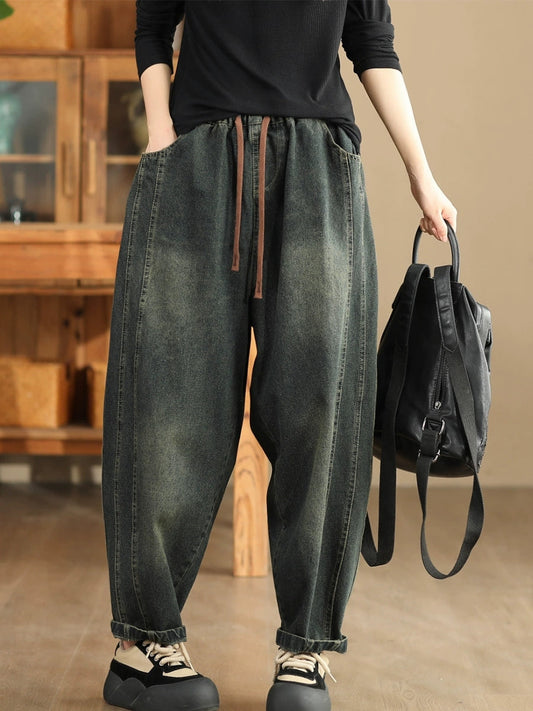 Women Autumn Retro Spliced Washed Denim Harem Pants BA1064