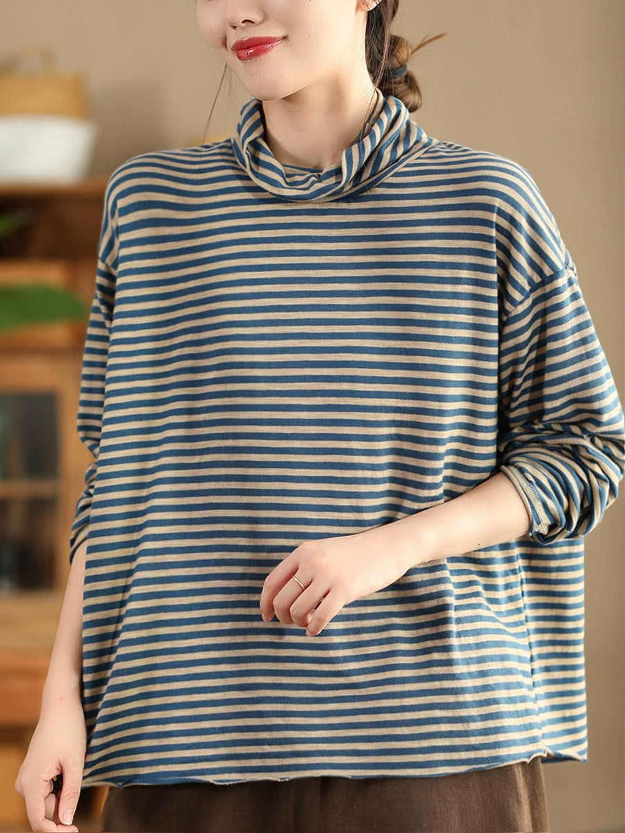 Women Autumn Casual Stripe Turtleneck Cotton Blouse QU029