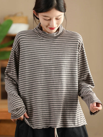 Women Autumn Casual Stripe Turtleneck Cotton Blouse QU029