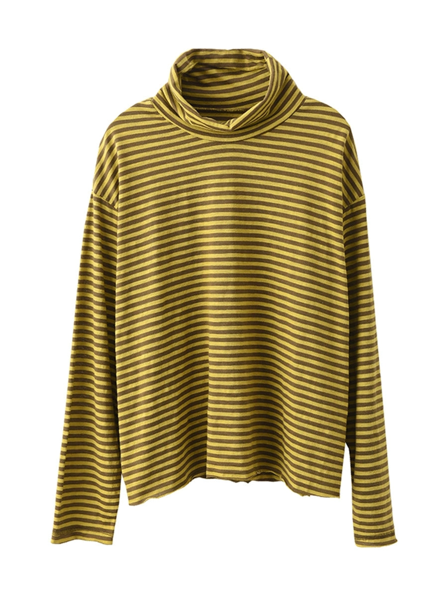 Women Autumn Casual Stripe Turtleneck Cotton Blouse QU029