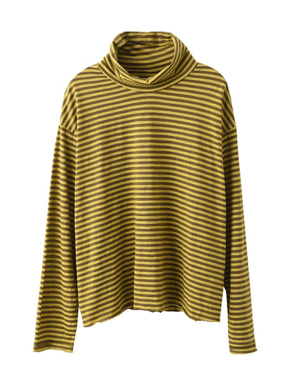 Women Autumn Casual Stripe Turtleneck Cotton Blouse QU029