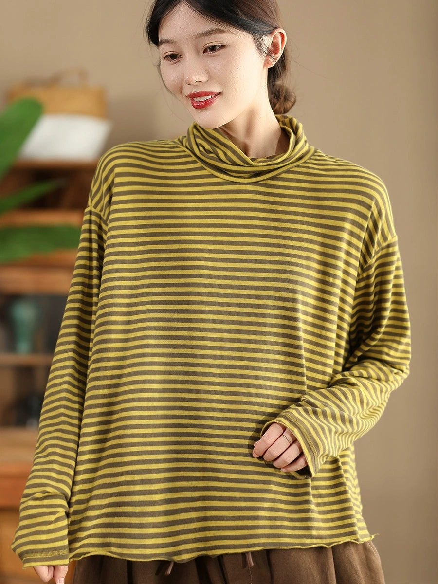 Women Autumn Casual Stripe Turtleneck Cotton Blouse QU029