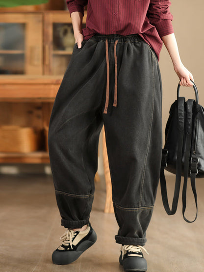 Women Winter Retro Denim Fleece-lined Harem Pants WG002