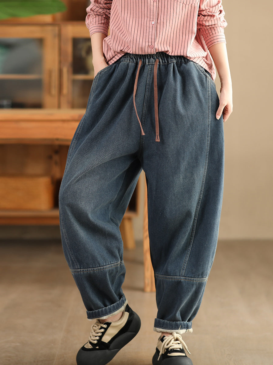 Women Winter Retro Denim Fleece-lined Harem Pants WG002