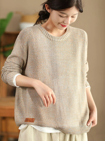 Women Vintage Autumn Solid O-Neck Loose Knit Sweater WG004