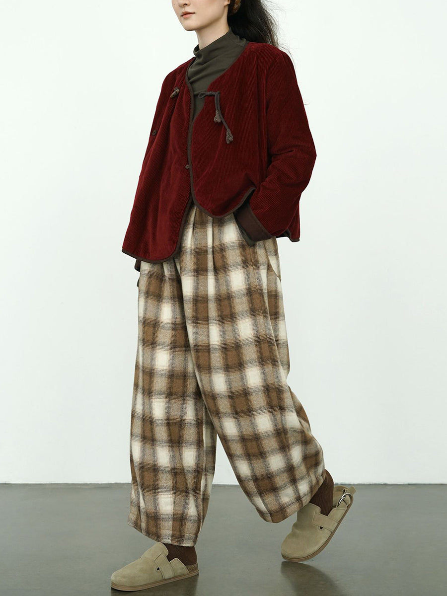 Women Winter Casual Plaid Cotton Thick Wide-leg Pants QM027