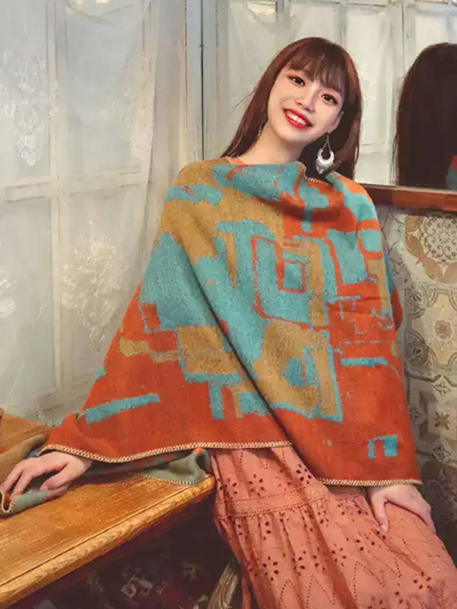 Women Ethnic Colorblock Warm Shawl Scarf QM018