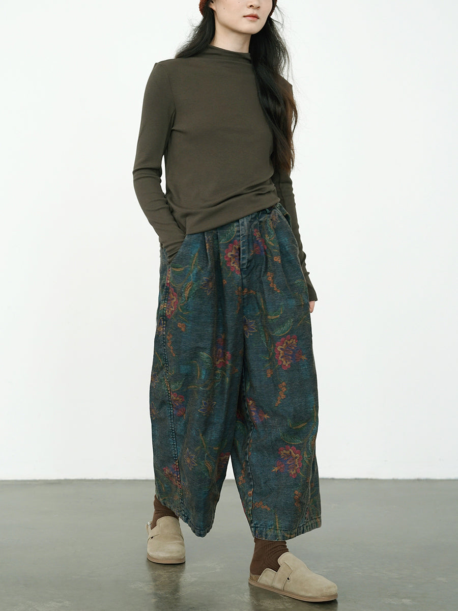 Women Winter Retro Flower Denim Spliced Wide-leg Pants QM014