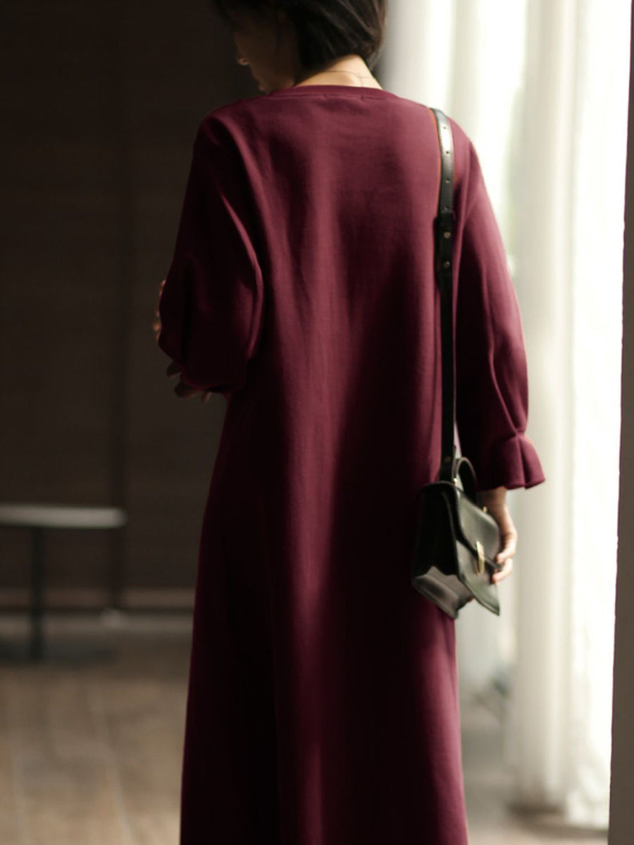 Women Autumn Vintage O-Neck Solid  Dress WU018