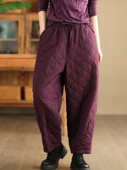 Women Winter Retro Rhomboid Padded Linen Harem Pants WU025