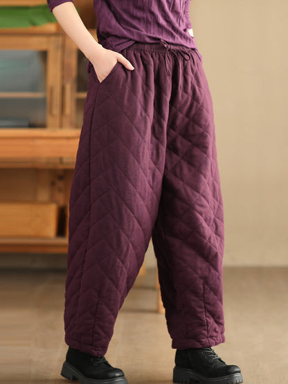 Women Winter Retro Rhomboid Padded Linen Harem Pants WU025