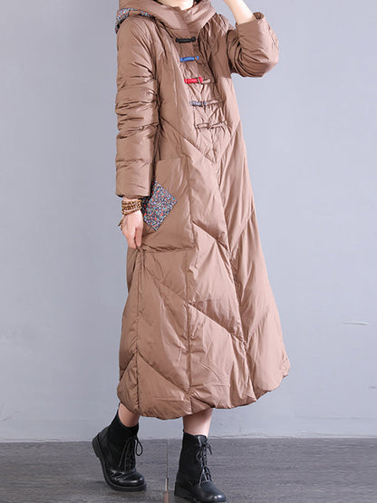 Women Winter Vintage Patch Hooded Long Down Coat WU028