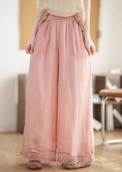 Black Pants Lace Leg New Wide Waist Patchwork Linen 2025 Elastic