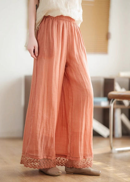 Black Pants Lace Leg New Wide Waist Patchwork Linen 2025 Elastic