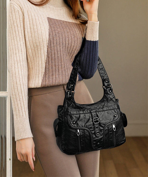 Shoulder Capacity Calf 2025 New Black Large Bag Leather