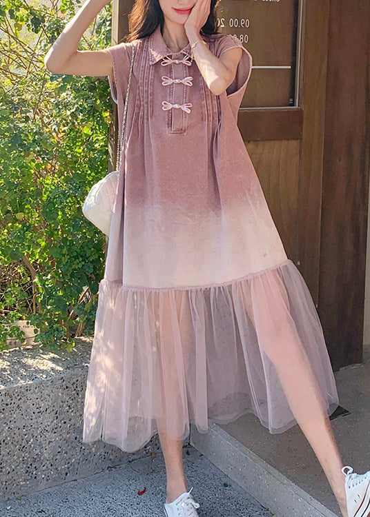 Skirt Shirt Denim Summer Retro Pink Splicing 2025 Gradient Tulle