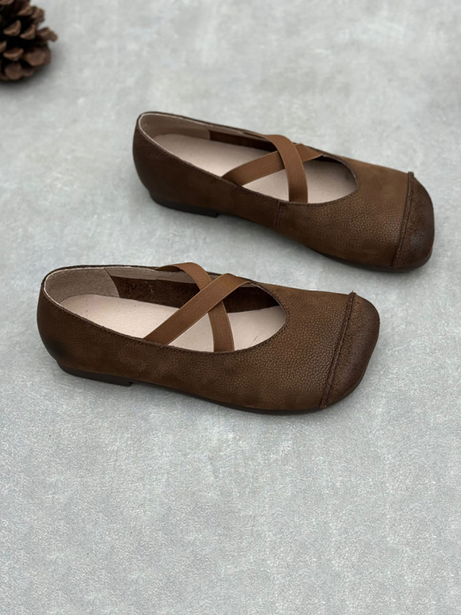 Women Spliced Soft Low Vintage Heel Shoes Leather