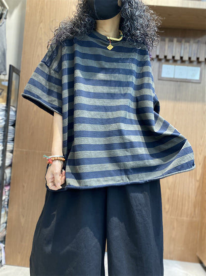 Shirt size Plus Women Summer Stripe O-Neck Colorblock