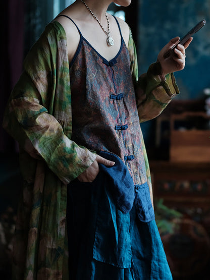 V-Neck Summer Spliced Vest Floral 100%Cotton Vintage Women