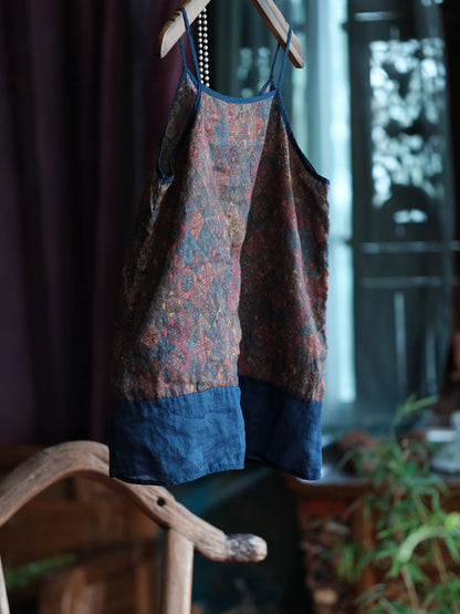 V-Neck Summer Spliced Vest Floral 100%Cotton Vintage Women