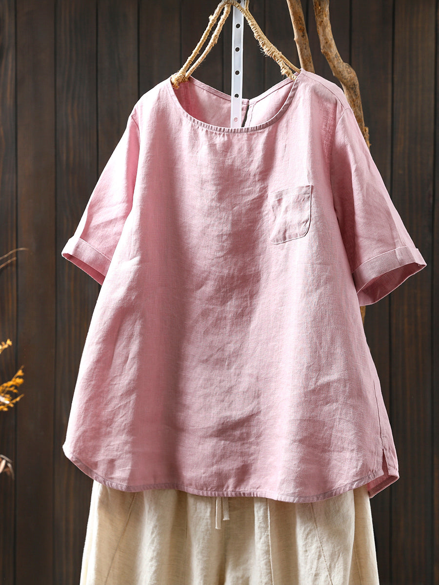 Summer Shirt O-Neck Color Pure Women 100%Linen