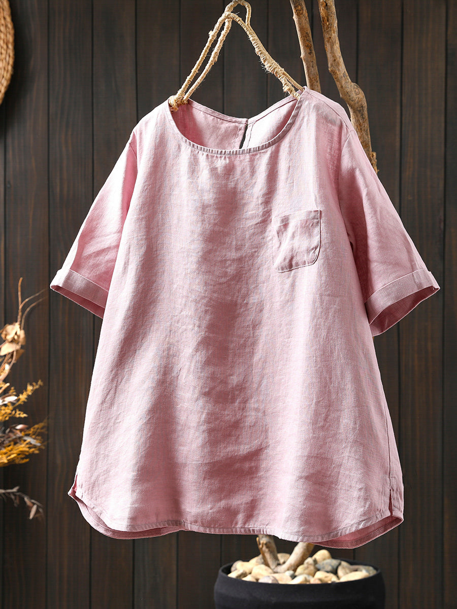 Summer Shirt O-Neck Color Pure Women 100%Linen