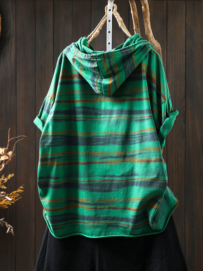 Hooded Women Retro Shirt Summer Stripe Cotton