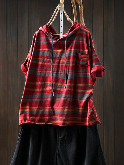 Hooded Women Retro Shirt Summer Stripe Cotton
