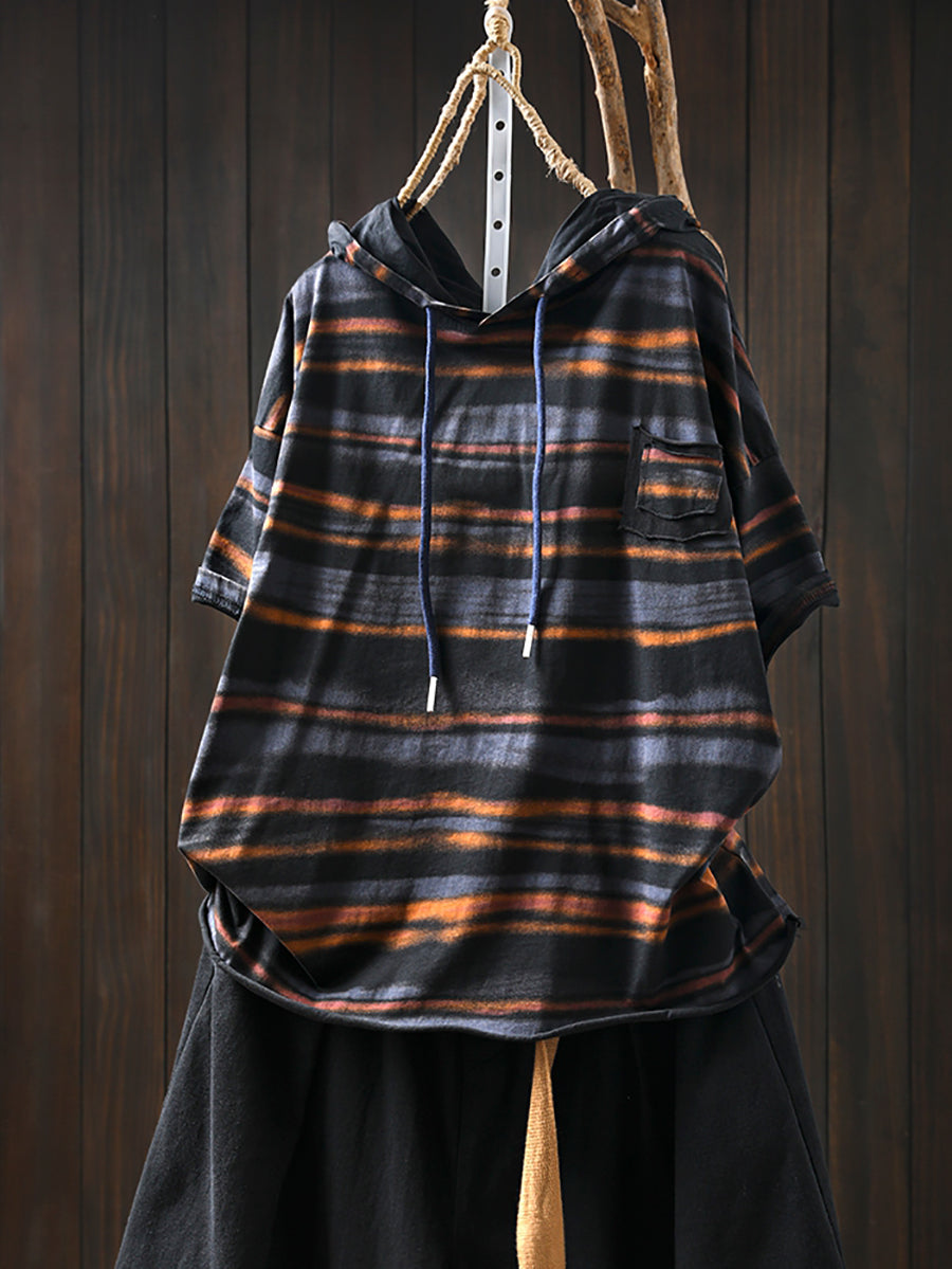 Hooded Women Retro Shirt Summer Stripe Cotton