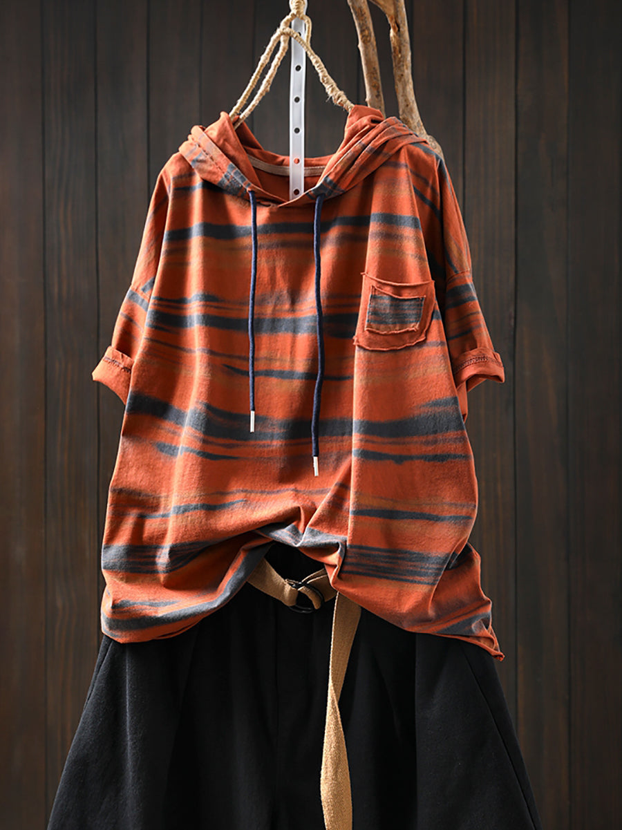 Hooded Women Retro Shirt Summer Stripe Cotton