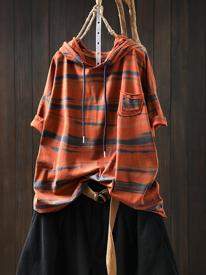 Hooded Women Retro Shirt Summer Stripe Cotton